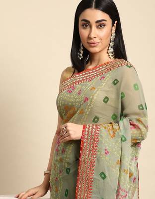 green gotta patti poly georgette bandhani saree 1