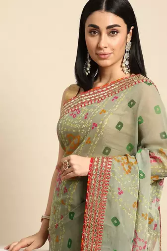 green gotta patti poly georgette bandhani saree