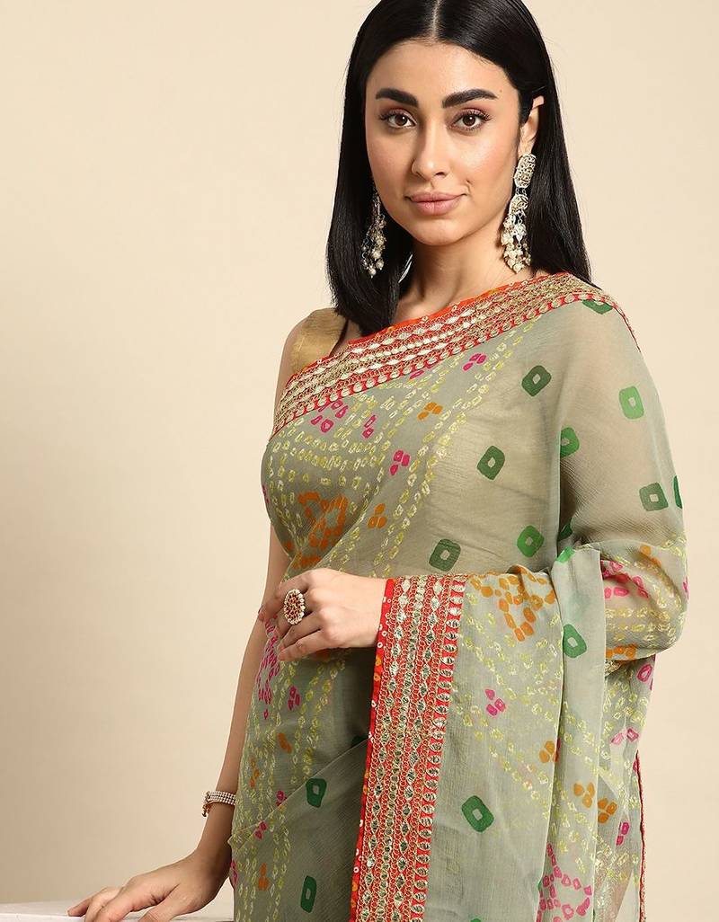green gotta patti poly georgette bandhani saree