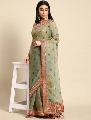 green gotta patti poly georgette bandhani saree 2