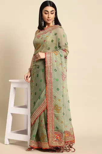 green gotta patti poly georgette bandhani saree