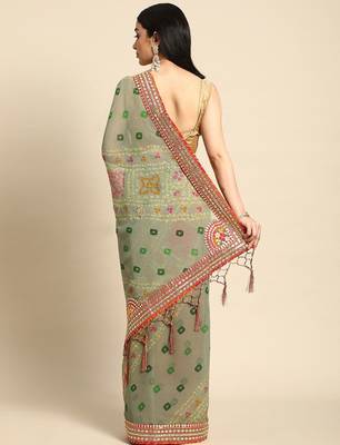 green gotta patti poly georgette bandhani saree 3