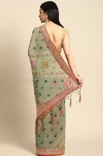 green gotta patti poly georgette bandhani saree
