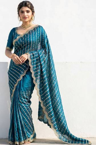 teal embellished zari satin heavy work saree