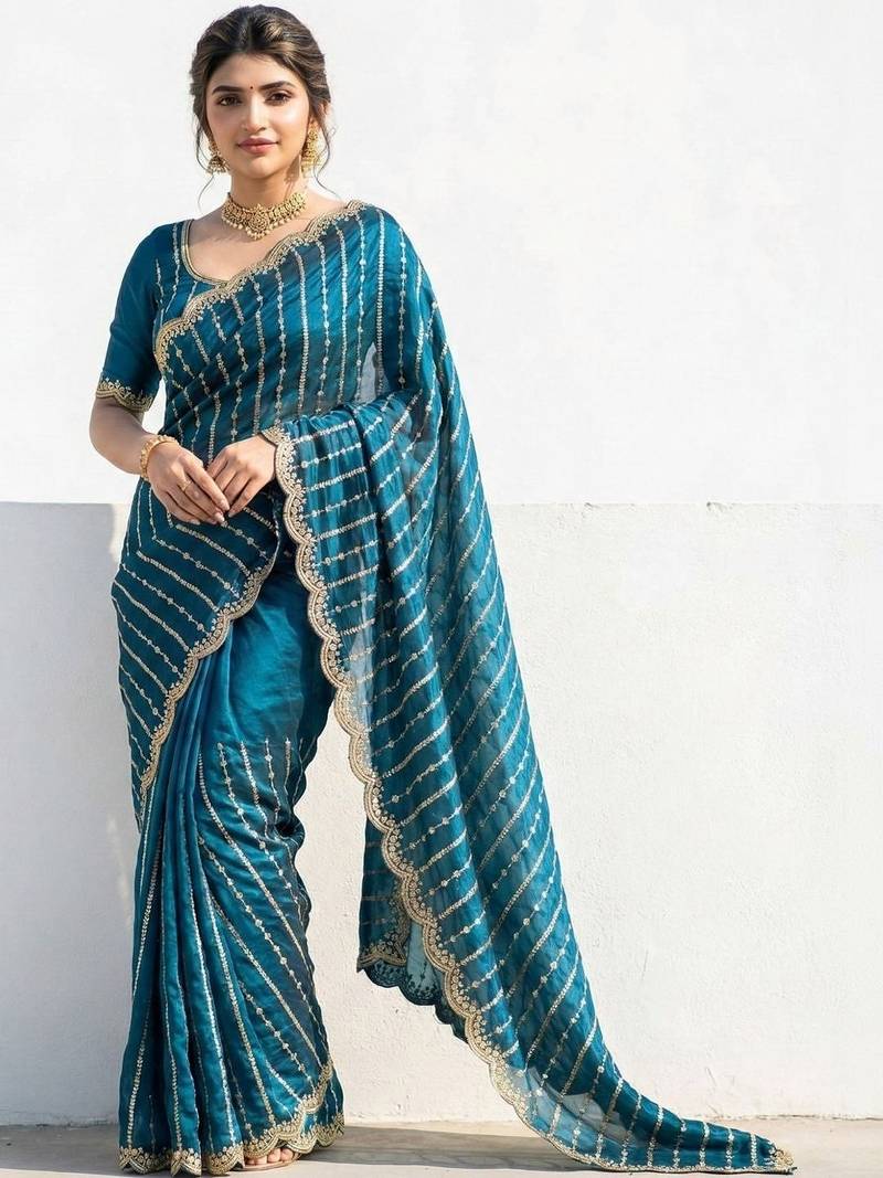 teal embellished zari satin heavy work saree