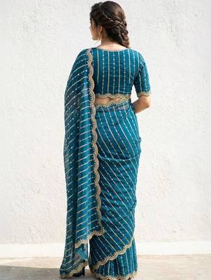 teal embellished zari satin heavy work saree 2