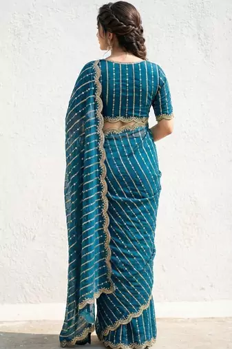 teal embellished zari satin heavy work saree