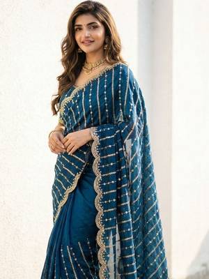 teal embellished zari satin heavy work saree 3