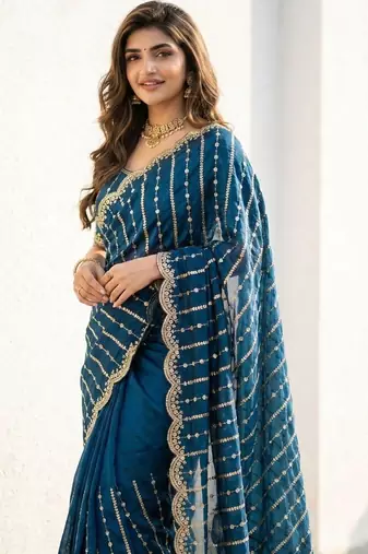 teal embellished zari satin heavy work saree