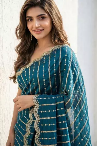 teal embellished zari satin heavy work saree