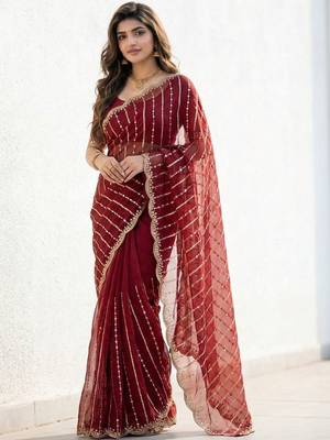 maroon embellished zari satin designer saree 1