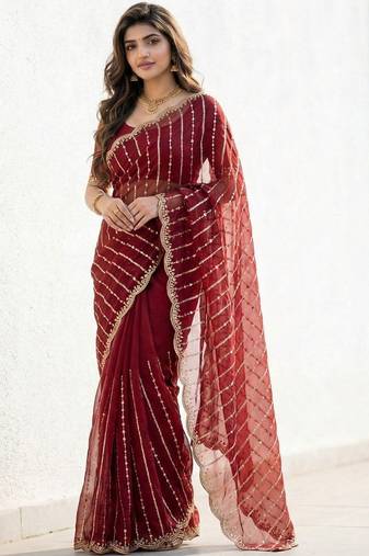 maroon embellished zari satin designer saree