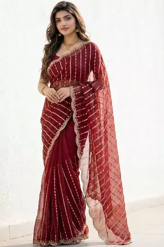 maroon embellished zari satin designer saree