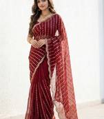 maroon embellished zari satin designer saree