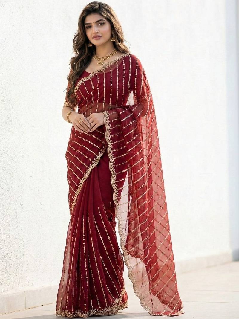 maroon embellished zari satin designer saree