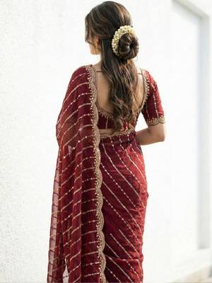 maroon embellished zari satin designer saree 2