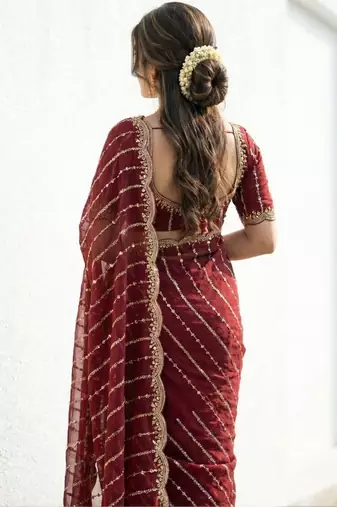 maroon embellished zari satin designer saree