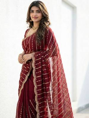 maroon embellished zari satin designer saree 3