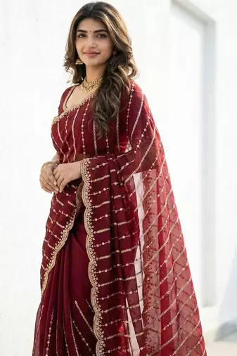 maroon embellished zari satin designer saree