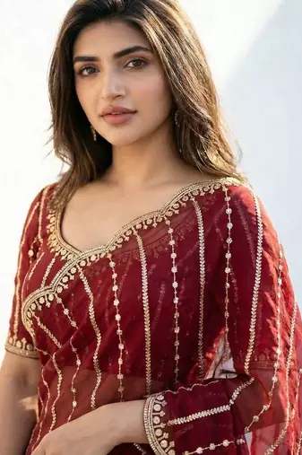 maroon embellished zari satin designer saree