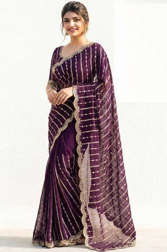 purple embellished embroidered satin saree
