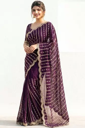 purple embellished embroidered satin saree