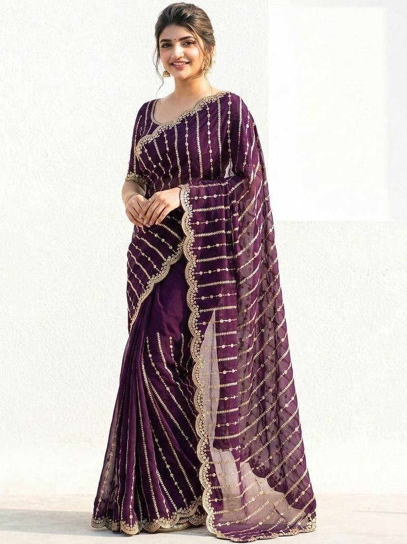 purple embellished embroidered satin saree