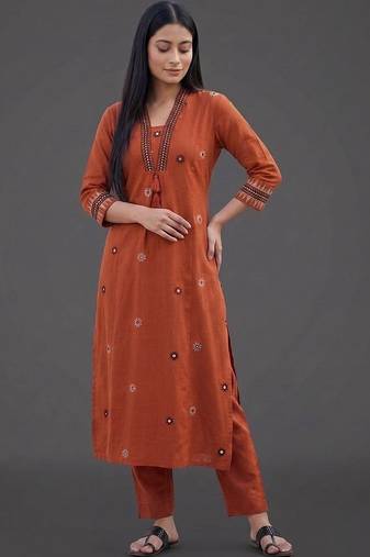 women ethnic motifs embroidered regular mirror work kurta with trousers