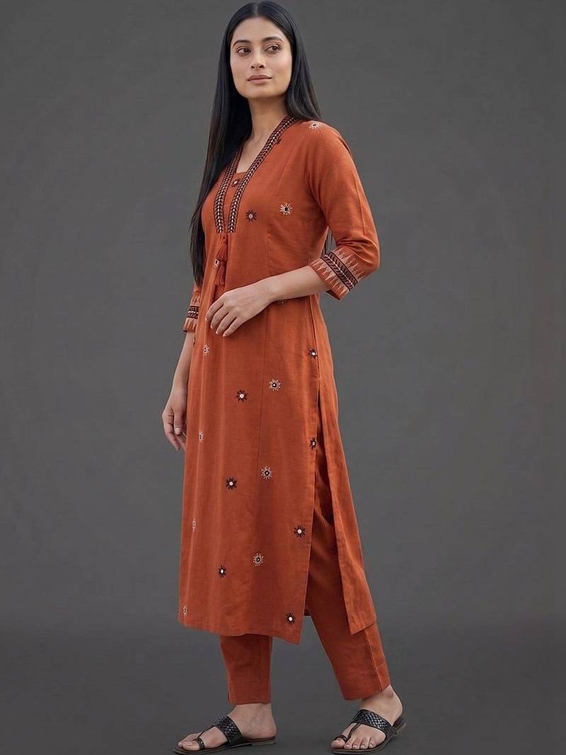 women ethnic motifs embroidered regular mirror work kurta with trousers