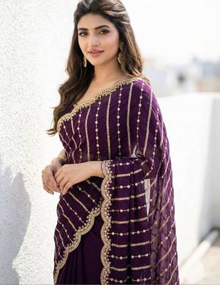 purple embellished embroidered satin saree 2