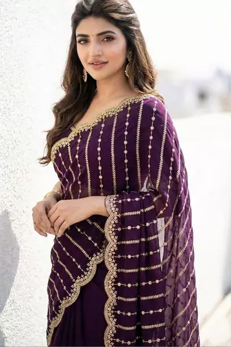 purple embellished embroidered satin saree
