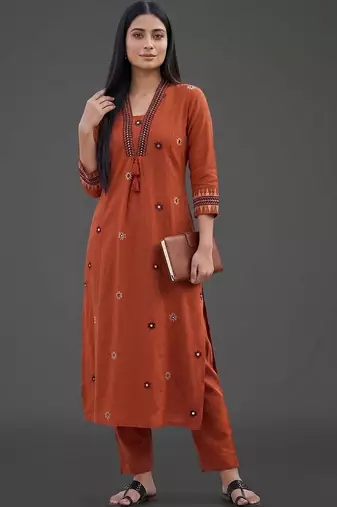 women ethnic motifs embroidered regular mirror work kurta with trousers