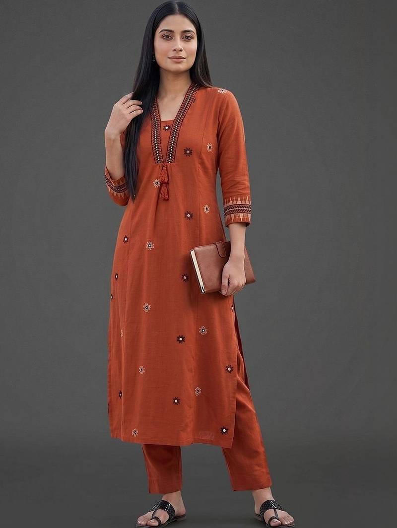women ethnic motifs embroidered regular mirror work kurta with trousers
