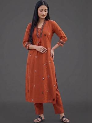 women ethnic motifs embroidered regular mirror work kurta with trousers 7