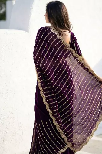 purple embellished embroidered satin saree