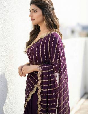 purple embellished embroidered satin saree 4