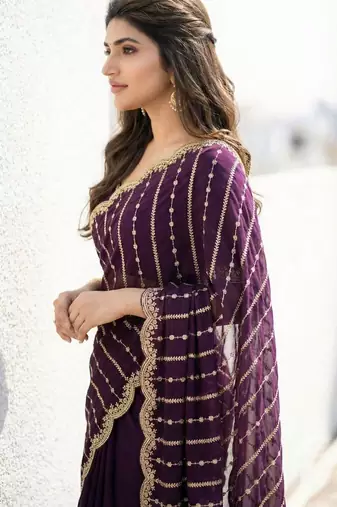 purple embellished embroidered satin saree