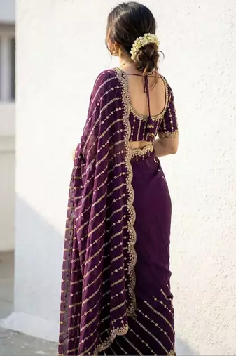 purple embellished embroidered satin saree