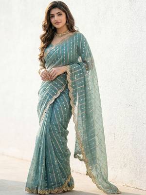 teal embellished sequinned satin heavy work saree 1