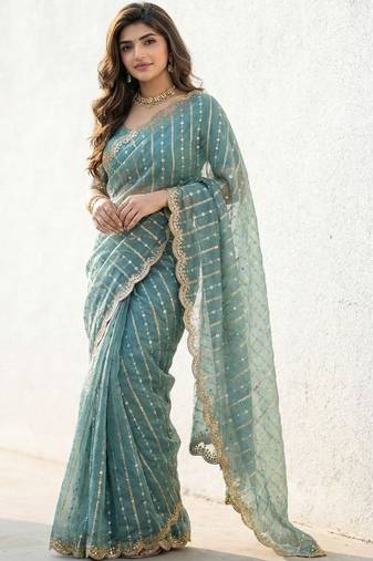 teal embellished sequinned satin heavy work saree