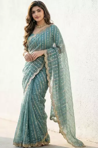 teal embellished sequinned satin heavy work saree