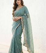 teal embellished sequinned satin heavy work saree
