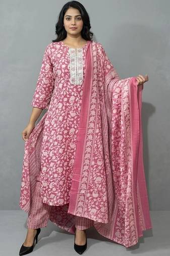 women floral printed regular thread work kurta with trousers & with dupatta