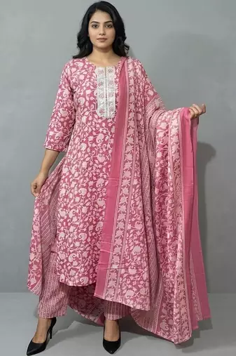 women floral printed regular thread work kurta with trousers & with dupatta