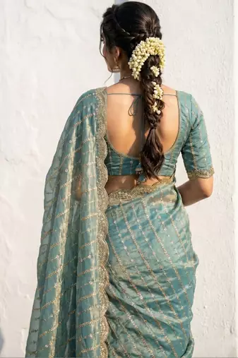 teal embellished sequinned satin heavy work saree