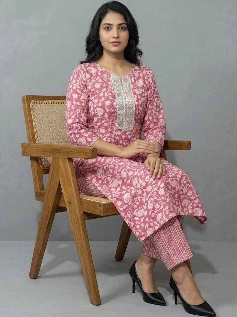 women floral printed regular thread work kurta with trousers & with dupatta
