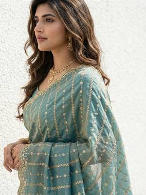 teal embellished sequinned satin heavy work saree 3