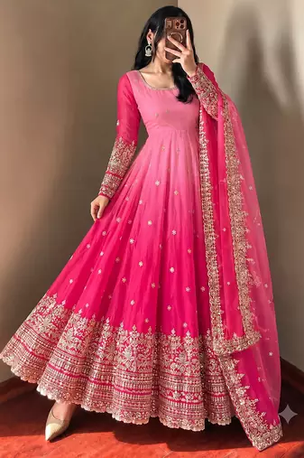 Designer pink shaded long flared anarkali suit set for women