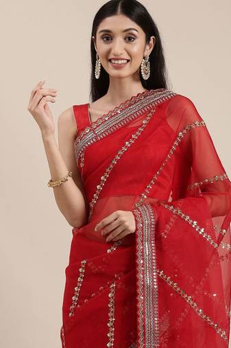 red red striped sequinned organza saree