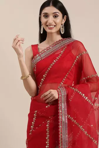 red red striped sequinned organza saree